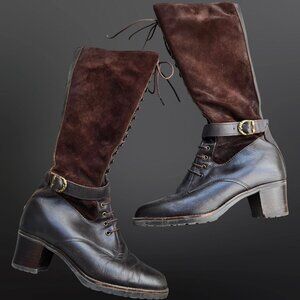 Vintage Brown Leather Suede Lace Up Tall Boots With buckles Size 8 witchy boho